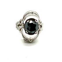 Vintage Signed Sterling Victorian Style Filigree Hematite Solitaire Ring 8 1/2 - £39.56 GBP
