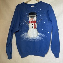 Vintage Painted Sweatshirt Snowman Blue Fruit Of The Loom XL - £11.17 GBP
