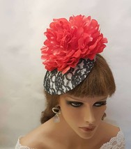 BLACK, WHITE &amp; RED hat fascinator  Large Red Peony Flower. Black Lace  h... - £36.08 GBP