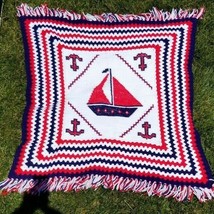 Hand Crocheted Red White &amp; Blue Navy Boat Patriotic Usa Afghan Blanket Throw 4&#39; - £19.73 GBP