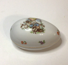 Lefton Egg Trinket Box Girl With Rabbits 1894 Porcelain 5 1/4 Inch Vtg - $14.01