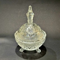 Lead Crystal CANDY DISH 3 Footed Etched w LID Floral 7 x 4½ Inches Vinta... - $14.39