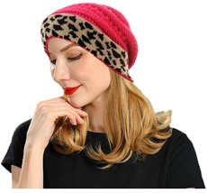 Warm Leopard Print Trendy Slouchy Beanies for Women Chunky Stretchy Cable  (Red) - £9.45 GBP