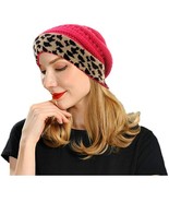 Warm Leopard Print Trendy Slouchy Beanies for Women Chunky Stretchy Cabl... - £9.19 GBP