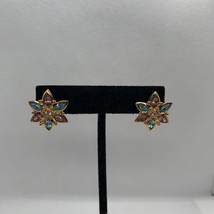 Vintage Gold Floral Stud Earrings With Multicolor Gemstones - $19.65