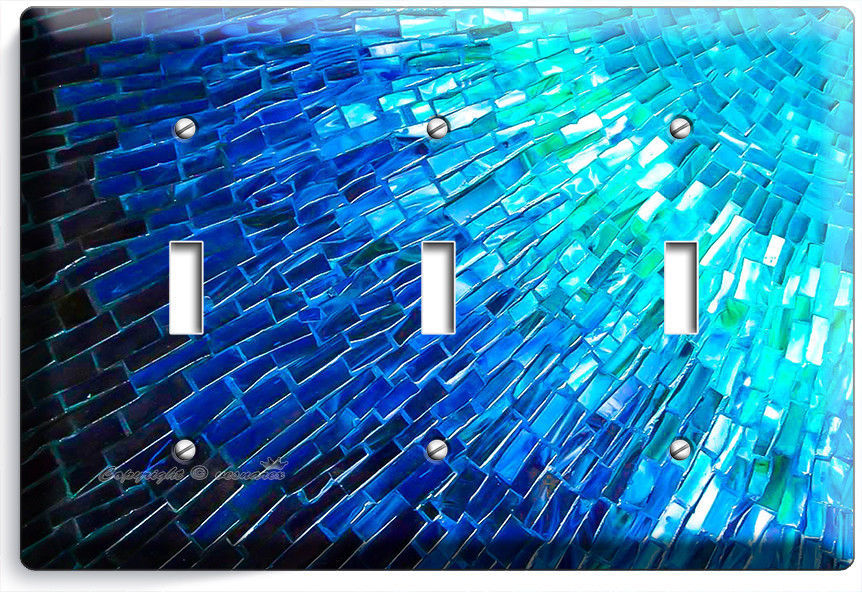 BLUE PEARL MOSAIC GLASS TILE DESIGN TRIPLE LIGHT SWITCH WALL PLATE KITCHEN DECOR