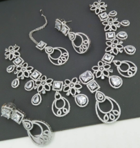 Bollywood Style Silver Plated Indian CZ Necklace Earrings Tikka Jewelry Set - £76.57 GBP