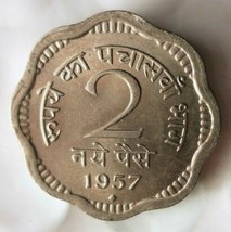 India 2 Paise, 1957(B) Gem Unc~Asoka Lion Pedestal~Scalloped~1st Year Ev... - £3.42 GBP