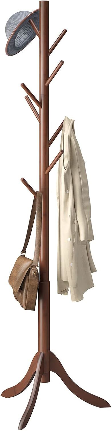 Coatrack 8 Standing Bamboo Coat Rack Hat Hanger 8 Hook For Jacket Purse ... - $41.92