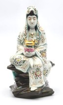 Rare Asian porcelain Guan Yin Figurine atop a rocky pedestal holding a C... - $330.48