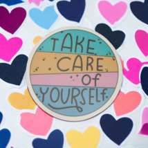 Take Care of Yourself Self Care Love Spell Out Circle Saying Motto Sticker - £2.36 GBP