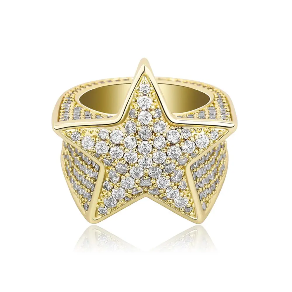 New Five Star Ring Micro Pave Inlaid Zircon GolHip Hop Iced Crystal Cubic Zircon - £39.03 GBP