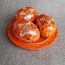 Set Wooden Easter Eggs on Plate Handmade Ukrainian Present Pysanky Pysanka 5&#39;&#39; - £11.41 GBP