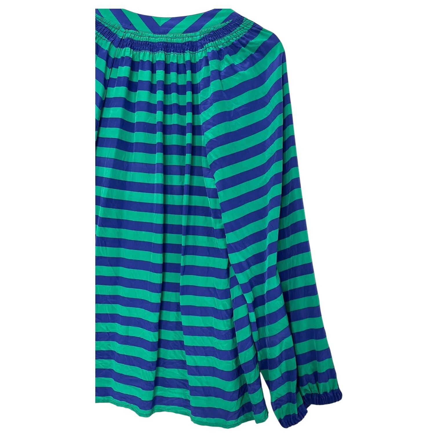 Lilly Pulitzer Top Womens Large Green Blue Silk Stripe Smocked Boho Blouse Item image 13