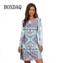 Ethnic Vintage Geometry Print Dresses For Women 2022 New Oversized Autumn Bohemi - £70.79 GBP