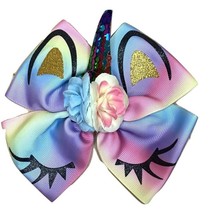 Rainbow Blue White Unicorn Bow 6 inches sequin horn glitter flower for infant to - £8.69 GBP