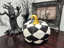 Halloween Mackenzie Style Black &amp; White Harlaquin Ceramic Pumpkin Fall Decor New - £39.95 GBP