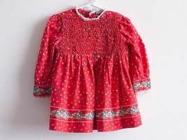 Vintage Red Calico Smocked Toddler Girl Dress - £7.59 GBP
