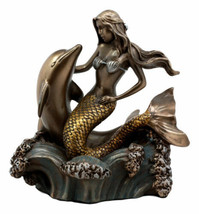 Ebros Mermaid Embracing Dolphin By Ocean Waves Statue 4.5&quot;L Nautical Decor - £26.37 GBP