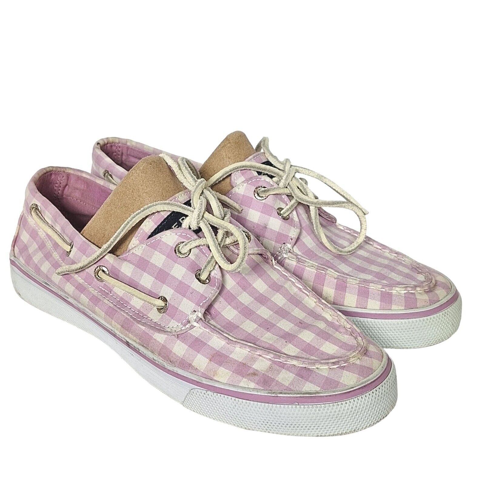 Primary image for Sperry Top Sider Bahama Pink White Gingham Checkered Boat Shoes Size 8 M