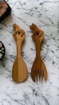 Hand Carved Wood Lions Salad Tongs Serving Fork Spoon Vintage African Animals - £19.78 GBP