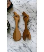Hand Carved Wood Lions Salad Tongs Serving Fork Spoon Vintage African An... - $472.09 MXN
