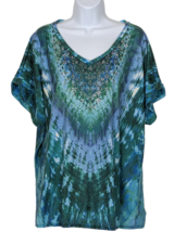 Gloria Vanderbilt Womens Plus 1X Blouse Green Blue Tie Dye Short Sleeve Stretch - £12.66 GBP