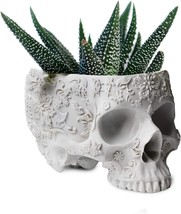 Skull Plant Planter Pot 6&quot; Deep Polyresin Skulls Pot For Succulents,, White - £26.72 GBP