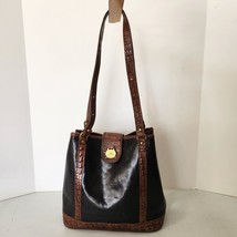 Vintage Brahmin Shoulder Tote Bag Croc Embossed Black/Brown Large Leather Bag - £54.13 GBP