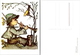 Hummel Boy Playing Trumpet to Yellow Bird Tree Flowers German Vintage Postcard - £7.49 GBP
