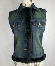 Mixit Ombre Dark Demim Blue Black Rabbit Fur Trim Womens Boho Jean Vest ... - £19.11 GBP