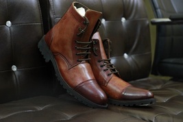 Men&#39;s Custom Made Two Tone Brown Leather Long Lace up High Ankle Marching Boots - £122.67 GBP