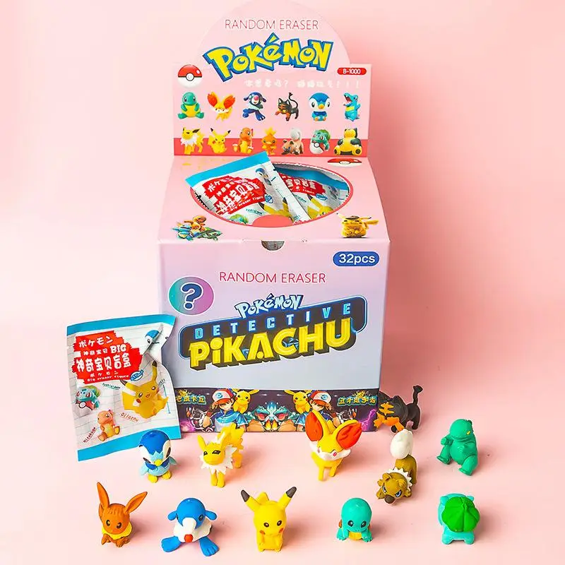 Play Anime Pikachu Eevee Blind Box Eraser Squirtle Bulbasaur Removable and Aembl - £23.45 GBP