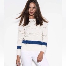 ONE GREY DAY Wool Blend Braided Misha Stripe Cream &amp; Blue Sweater Size L... - $53.22