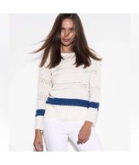 ONE GREY DAY Wool Blend Braided Misha Stripe Cream &amp; Blue Sweater Size L... - £41.84 GBP