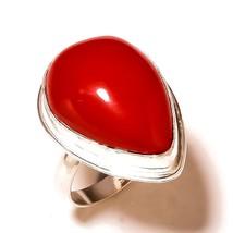 Italian Red Coral Cabochon Pear Gemstone 925 Silver Overlay Handmade Ring US-9 - £7.98 GBP