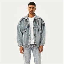 New Vintage Denim Jackets Men Slim Fit Solid Casual Mens Jean Coat Fashion Stand - £114.21 GBP