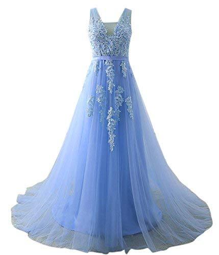 Kivary Women V Neck Sheer Beaded Long Prom Dress Formal Evening Gown Sky Blue US