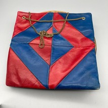 Vintage Jana Italy Leather Bag Purse in Buttery Red and Blue, Symmetrical Geomet - £88.17 GBP