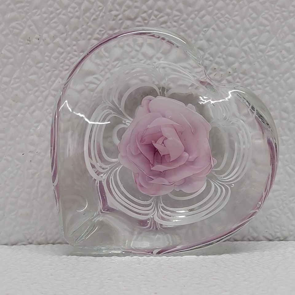 Vintage Clear Glass Heart Paperweight with Pink Flower Rose Inclusion 3&quot; - $19.70