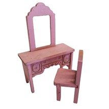 Dollhouse Furniture Vanity &amp; Chair Pink Wooden Accessory Wood Vintage Miniature - £18.33 GBP