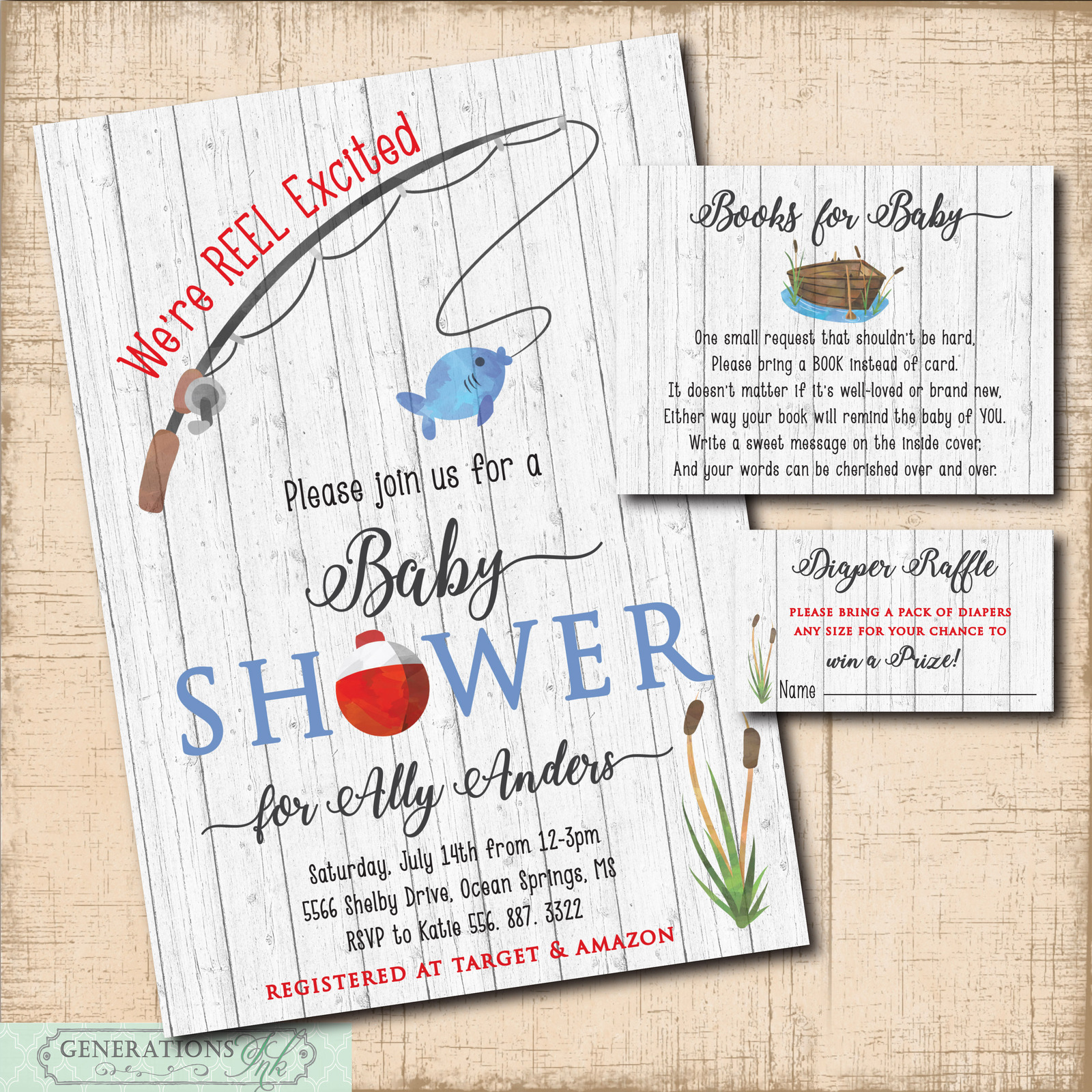 Fishing Baby Shower Invite with matching Book Cards & Diaper Raffle Tickets - $22.95