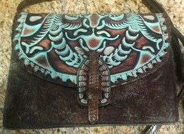 Patricia Nash tooled turquoise and brown Poppy Leather Crossbody Purse $... - £134.04 GBP