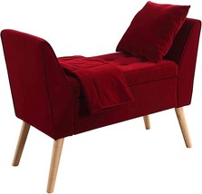 Benjara, Red Button Tufted Wooden Storage Bench With Pillow And Blanket - £370.10 GBP
