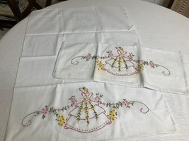 Vintage Pair Hand Embroidery Pillowcases Pink Girl Yellow Flowers 27.5 x 20 - £20.83 GBP