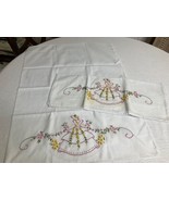 Vintage Pair Hand Embroidery Pillowcases Pink Girl Yellow Flowers 27.5 x 20 - £20.92 GBP