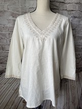 Eddie Bauer Ivory V Neck Embroidered Tunic 3/4 Sleeve Linen Rayon Womens... - $259.27 MXN