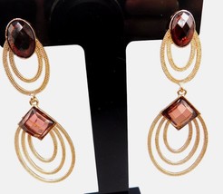Vintage Pierced Dangle Earrings Brown Beads Women Fashion Textured Gold Tone - £7.82 GBP