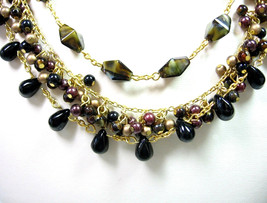 Brown Black Triple Strand Glass Bicone Round Bead Necklace Vintage Goldtone 18&quot; - £13.66 GBP