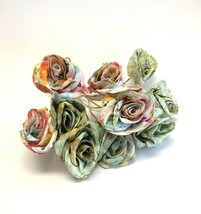 10 Handmade Roses Flowers on Stems Fabric 3&quot; Diameter Each Green Pink Ye... - $25.27